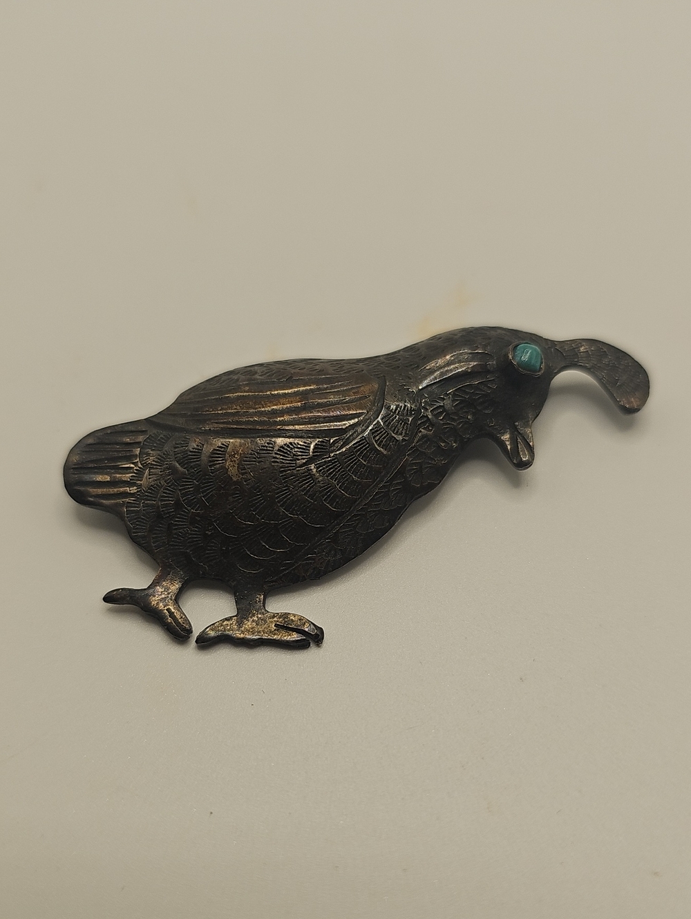 Vintage Sterling Silver Quail Bird Figurine with Turquoise Accent. Mexican.